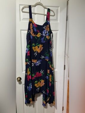 Anthropologie Navy Floral Sundress with Pink, Yellow & Purple Blooms